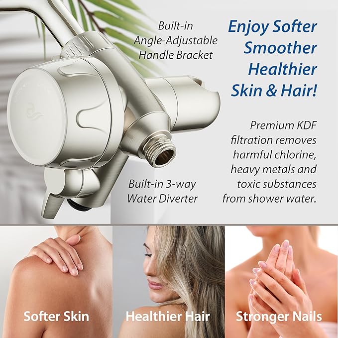 AquaCare Skin & Hair - World's Only Shower Head Combo Filter with Built-in 3-way Water Diverter, ON/OFF Filtration Modes, Instant Cartridge Reload & Stay-Clean American KDF Cartridge, Satin Nickel