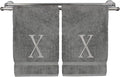 Monogrammed Hand Towel, Personalized Initial Gift, Extra Absorbent 100% Turkish Cotton - Soft Terry Finish - Set of 2 - Silver Block Initial X - Embroidered on Grey Towels