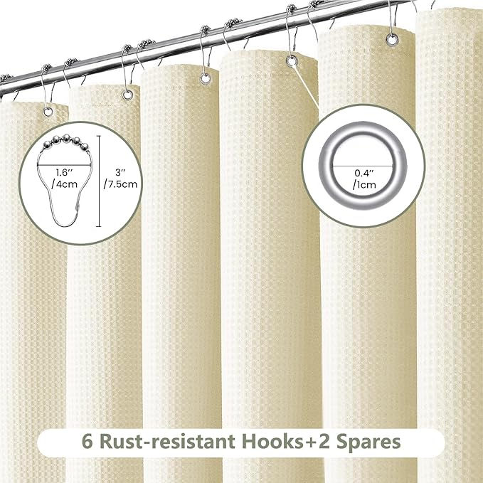 Inhousolu Fabric Shower Curtain Waffle Weave, 230 GSM Heavy Duty, Weighted Hem, 8 Metal Hooks, Water Repellent, Machine Washable, Hotel Spa Luxury Bath Curtain Set, 36 x 72 Inch, Ivory