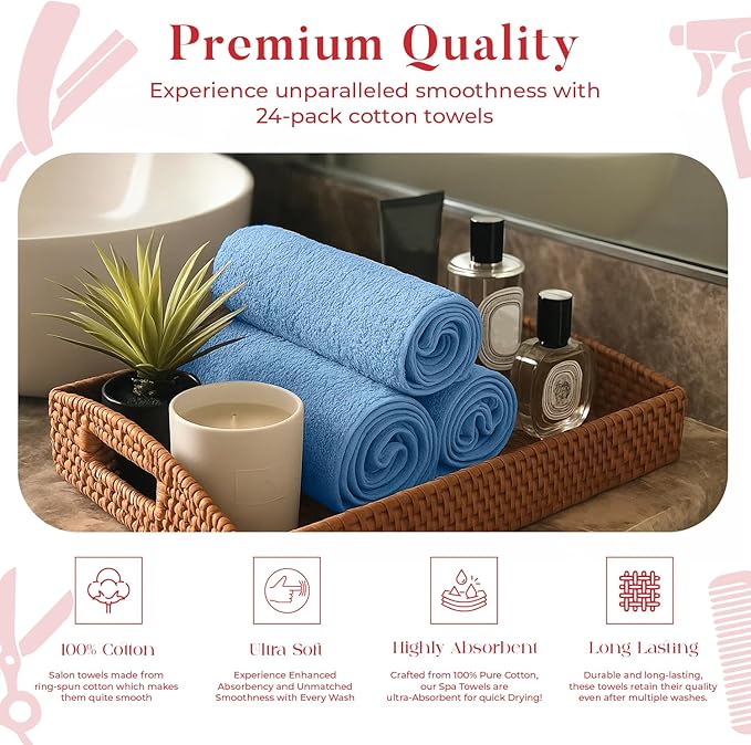 RIVERSIDE Pack of 24 Salon Towels Set – 16 x 26 Inches, 100% Ring Spun Cotton Highly Absorbent and Quick Dry Towels for Salon, Hand, Barber, Gym, Home & Hair Care, Blue