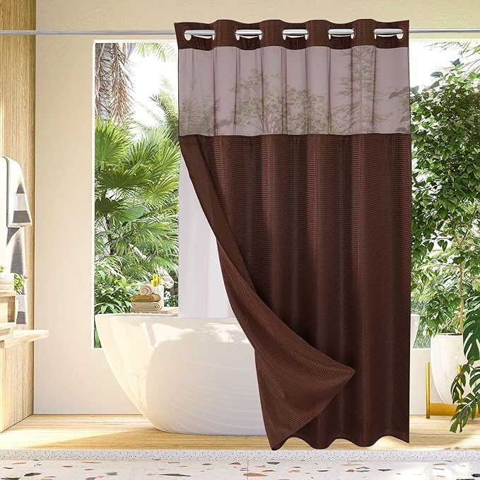 Gibelle Extra Long Shower Curtain 72x86, Waffle Weave Bathroom Shower Curtain with Snap-in Fabric Liner Set, No Hooks Needed, Hotel Style with Mesh Top Window, Brown