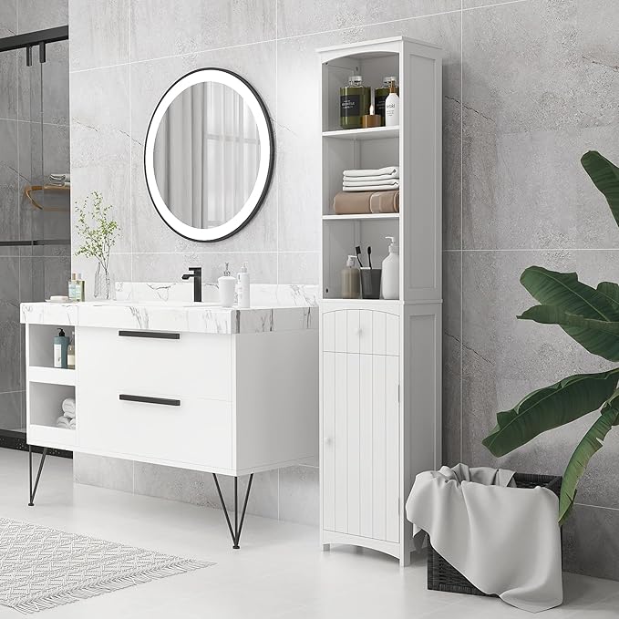 HOMCOM Bathroom Storage Cabinet, Free Standing Bathroom Storage Unit, Tall Linen Tower with 3-Tier Shelves and Drawer, White