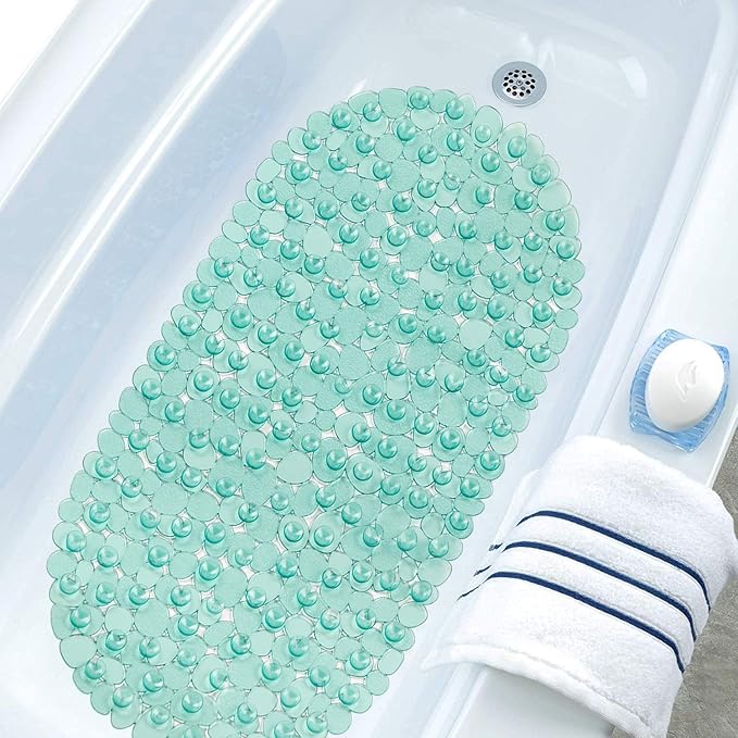 WELTRXE Pebbles Bathtub and Shower Mat Non Slip, Oval Bath Mats for Bathroom Tub Washable with Suction Cups, Drain Holes, BPA Free, 27 x 14 Inch, Dark Green