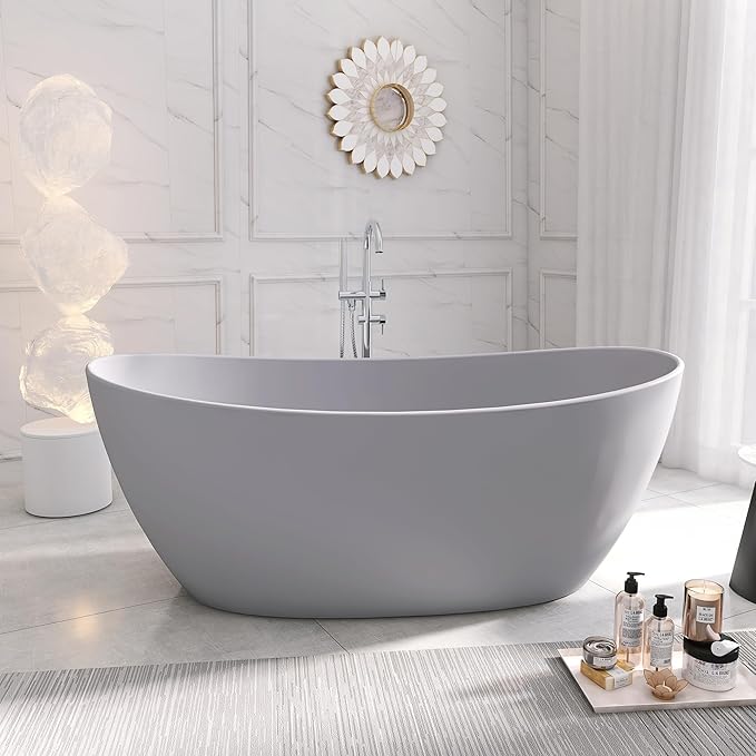 SJ STAR&JANE 65" Solid Surface Freestanding Bathtub Stone Resin Soaking Tub Light Gray Double Slippers Stand Alone Oval Tub with Pop-up Drain and Overflow for Bathroom