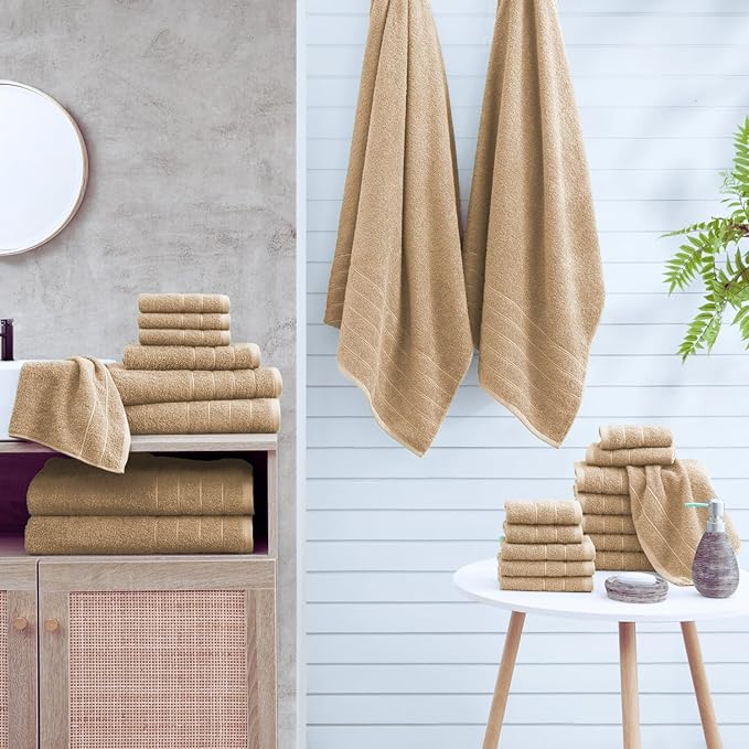 Casa Platino 100% Cotton 8 Piece Bath Towel Set - Ring Spun, Quick Dry, Super Soft & Highly Absorbent - 2 Bath, 4 Washcloths, 2 Bathroom Hand Towels - Hotel Quality Bathroom Towel Set - Beige