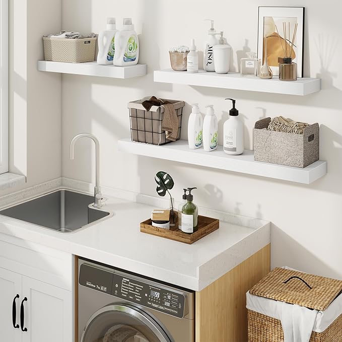 fuqing Floating Shelves for Wall, Wall Mounted Wood Floating Shelf with Invisible Brackets for Living Room, Bathroom, Bedroom, Kitchen Storage and Decor, 24 Inch Set of 2, White