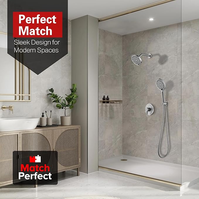 SUMERAIN Brushed Nickel Rainfall Shower System with 6-Spray Handheld Filtered Shower Head, Shower Faucet Complete with Rough in Valve