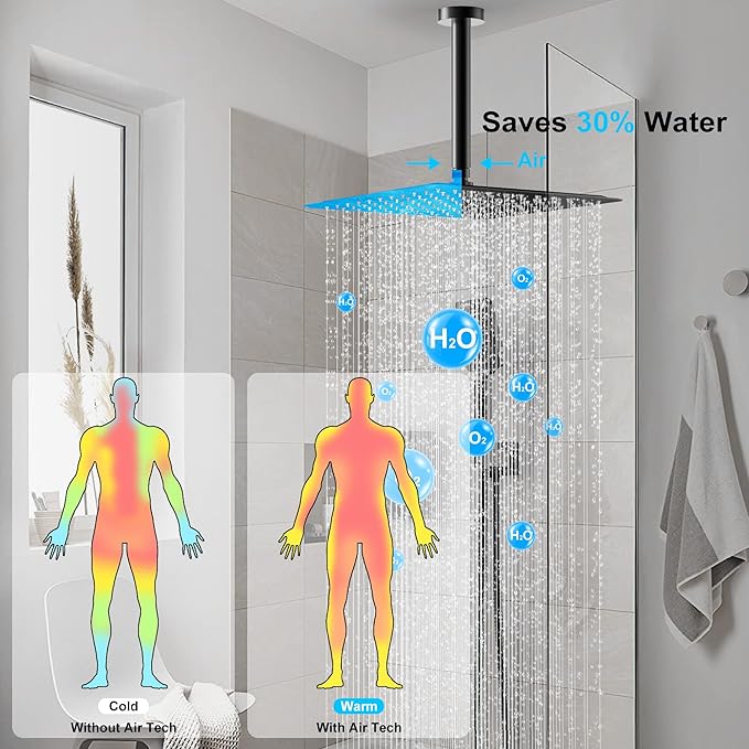 Rain Shower System 12IN Modern Brass Faucet Set With Valve and Diverter Shower Mixer With Handheld High Pressure Square Rainfall Shower Valve (12'' Ceiling Mount, Matte Black)