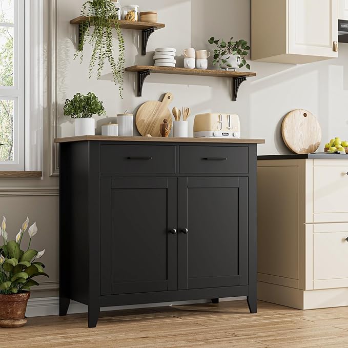 HORSTORS Kitchen Storage Cabinet, Modern Farmhouse Buffet Cabinet with Storage, Coffee Bar with 2 Drawers and 2 Doors, Floor Sideboard Buffet for Living Room, Dining Room, Bathroom, Black/Rustic Brown