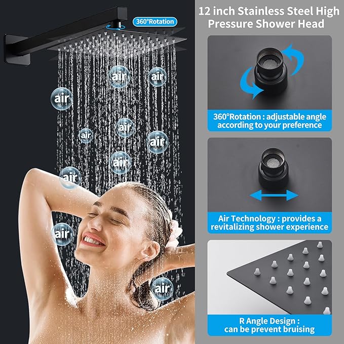 12 Inch Matte Black Shower Faucet Set with Square Rain Shower Head and Handheld Spray, Wall Mounted Rainfall Shower Head with Handheld Combo, Bathroom luxury Shower System with Valve and Trim