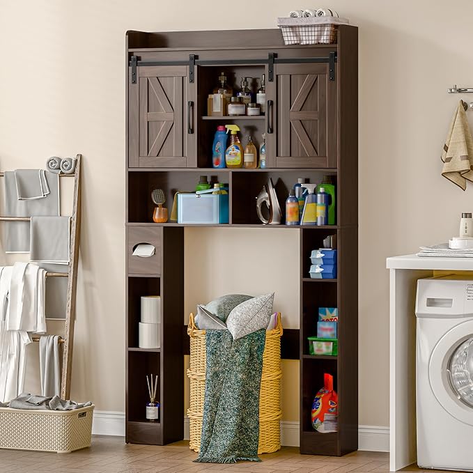 Farmhouse Storage Cabinet Over Toilet with Sliding Doors，Over The Toilet Storage Cabinet, Home Space-Saving Toilet Rack, for Bathroom, Restroom, Laundry.Espresso