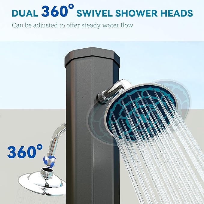Outsunny 9.2 Gal Solar Heated Outdoor Shower, 7.1F 2-Section Outdoor Solar Shower with 2 Foot Showers, 2 360° Swivel Shower Heads & Temperature Adjustment for Backyard Poolside Beach Pool Spa