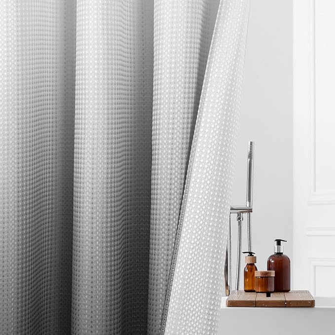 MitoVilla Black Ombre Long Shower Curtain Liner Set 72 x 80, No Hooks Needed 80 inch Long Heavyweight Waffle Fabric Shower Curtain Set with Snap-in Liner for Hotel Grade Spa-Like Bathroom Decor