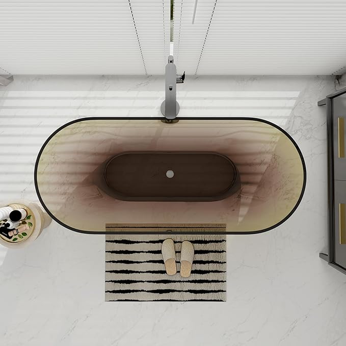 SJ STAR&JANE 69" Solid Surface Freestanding Bathtub Stone Resin Oval Soaking Tub Stand Alone Tub with Pop-up Drain Transparent Sepia