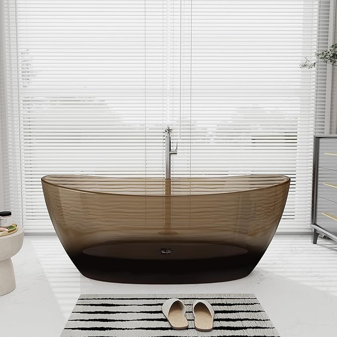 SJ STAR&JANE 65" Solid Surface Freestanding Bathtub Stone Resin Tub Oval Double Slippers Stand Alone Soaking Tub with Pop-up Drain and Overflow,Transparent Sepia