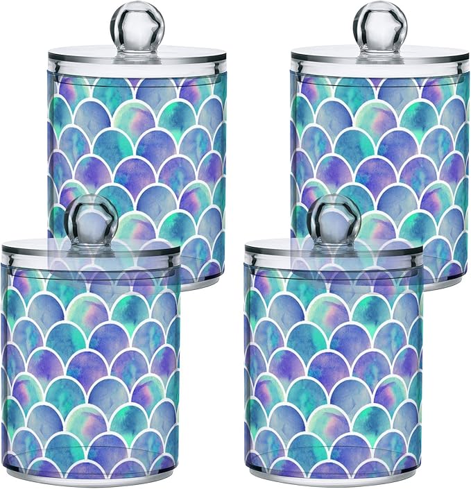 MNSRUU 4 Pack Qtip Holder Organizer Dispenser Watercolor Rainbow Scales Of Mermaid Bathroom Containers Bathroom Vanity Storage Canister Apothecary Jars for Cotton Swabs/Pads/Floss