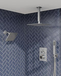 Thermostatic Shower System, Dual Rainfall Shower Heads for Ceilling & Wall Mounted with Handheld Sprayer, Brushed Nickel
