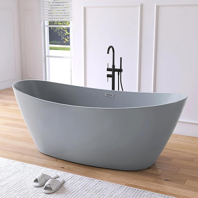 71" Acrylic Freestanding Bathtub, High-back Soaking Tub for Bathroom, Stand Alone Tub, cUPC Certified, Integrated Overflow and Drain, Gloss Grey