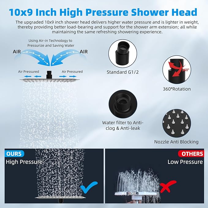 Hibbent All Metal Rain Filtered Shower Head, 10'' High Pressure Rainfall Showerhead with 16" Shower Head Extension Arm, 20 Stage Shower Filter, Solid Brass Adjustable Shower Arm Extender, Matte Black