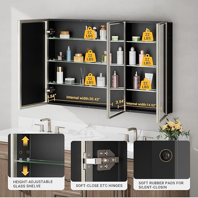 Pre-Assembled Surface or Recessed Medicine Cabinet Mirror-48x30 Brushed Nickel Bathroom Medicine Cabinet with Mirror & Rustproof Aluminum Frame, Beveled Bathroom Vanity Mirror with Storage