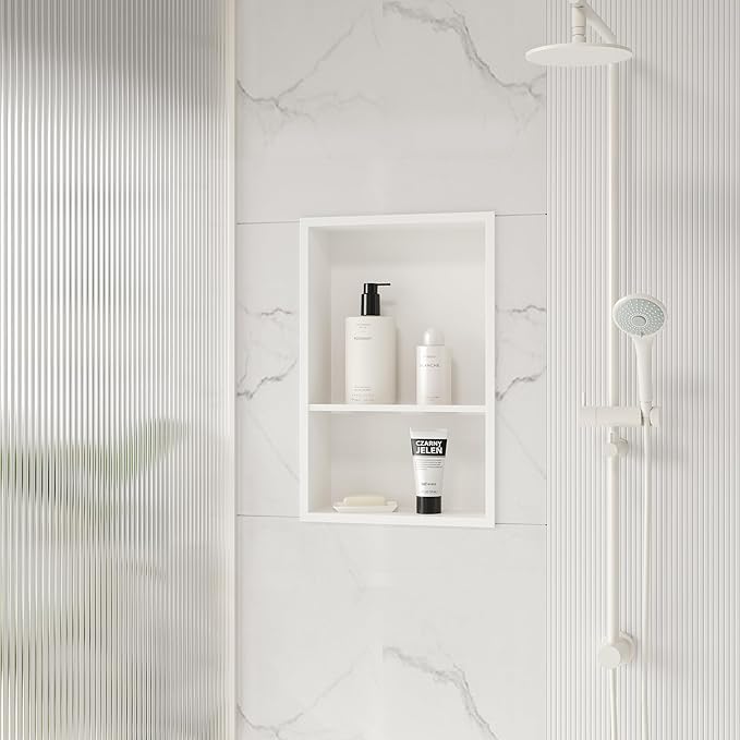 Stainless Steel Shower Niche 18" X 12", No Tile Needed Wall Niche Double Shelves, Recessed Shower Shelf for Bathroom Storage, Matte White