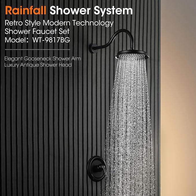 Matte Black Shower System, Shower Faucet Set with Pressure Balance Valve, 9 inch Single-Function Rain Shower Head, Bathroom Shower Valve Trim Kit, High Pressure Shower Fixtures (WT-9817BK)