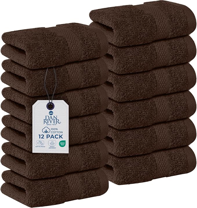 DAN RIVER 12-Pack Premium 100% Cotton Brown Face Towels – Reusable Face Towel Set, Soft & Absorbent Bath washcloths for Bathroom & Body – Hand and Face Towels, 550 GSM (12x12 in)