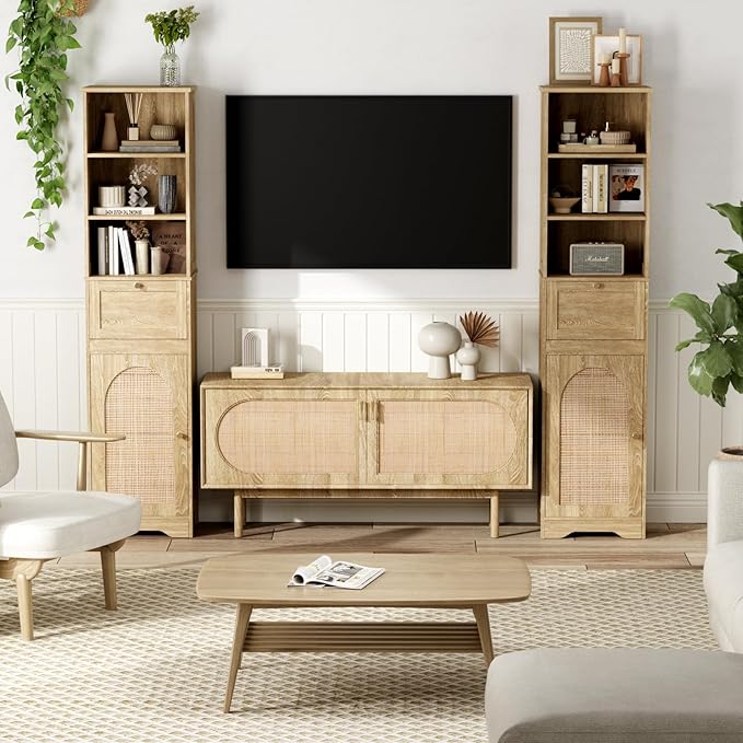 67" H Natural Bathroom Storage Cabinet with Rattan Doors and Slide Storage, Tall Narrow Freestanding Tower Cabinets with Adjustable Shelves for Kitchen, Living Room, Dining Room