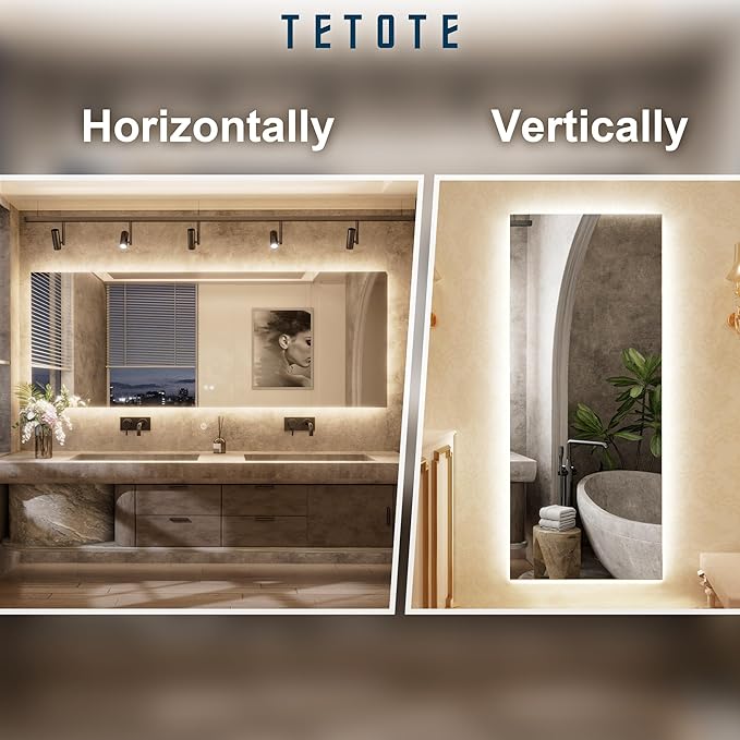 TETOTE 96 x 36 Inch LED Backlit Bathroom Mirror with Lights,3Color White/Warm/Natural,Anti-Fog Lighted Mirror,Dimmable,Vanity Mirror,Wall Mounted
