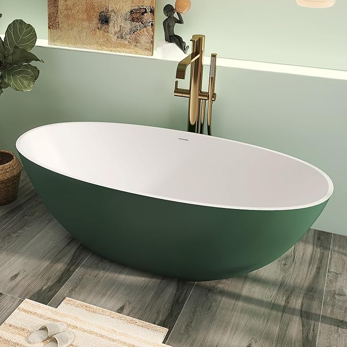 65" Premium Solid Surface Freestanding Bathtub, Upgraded Inside White and Outside Green Stone Resin Tub with Overflow and Pop-up Drain, Matte
