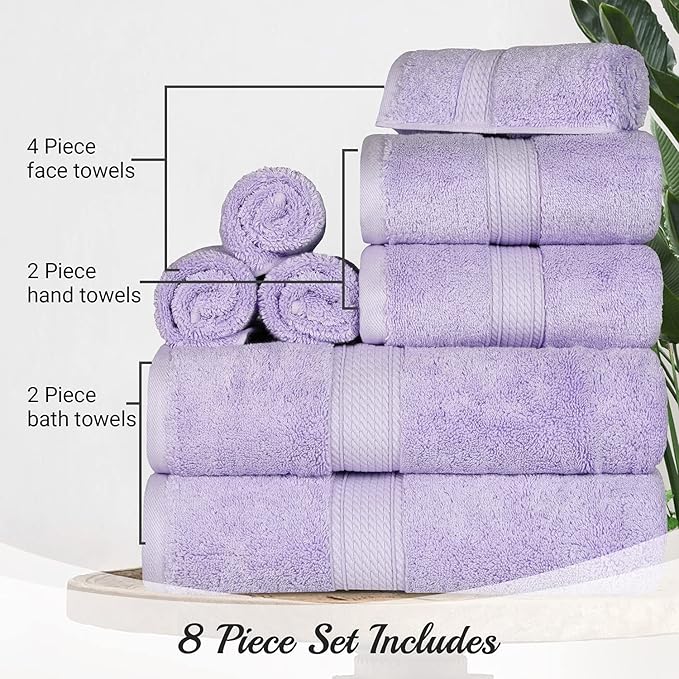 BLUENILEMILLS Madison Egyptian Cotton Towels, Towel Set for Bathroom, Shower, Hotel, Plush, 800 GSM, Highly Absorbent and Ultra-Soft Towels, Bath Essentials, 8 Piece Assorted Towel Set, Purple