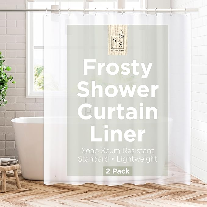 Stitch & Stone Shower Curtain Liner, Premium Lightweight Durable Waterproof 4g PEVA for Bathroom with Weighted Magnets, Standard Size 70" x 72" Frosty 2 Pack