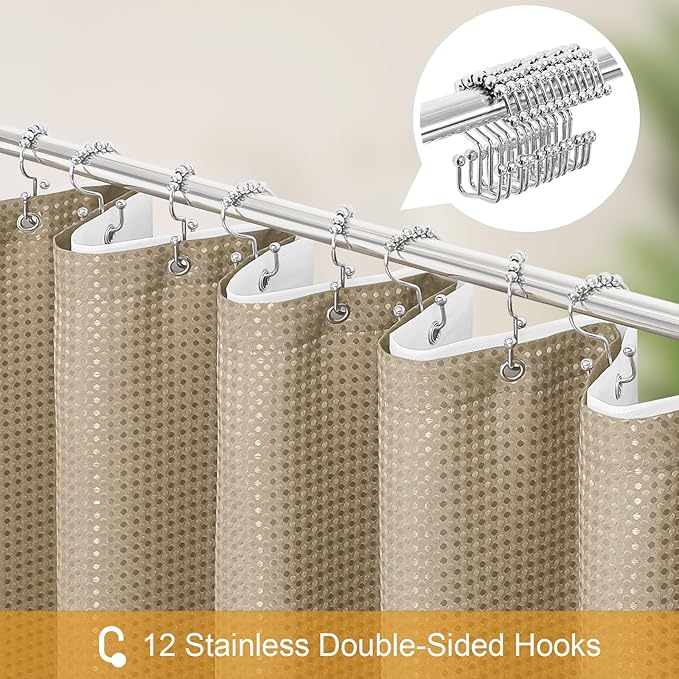 3 in 1 Long Beige Shower Curtain Set-72 W x 78 H, Tan Waffle and PEVA Liner Set with 12 Stainless Steel Hooks, Waterproof Fabric for Bathroom
