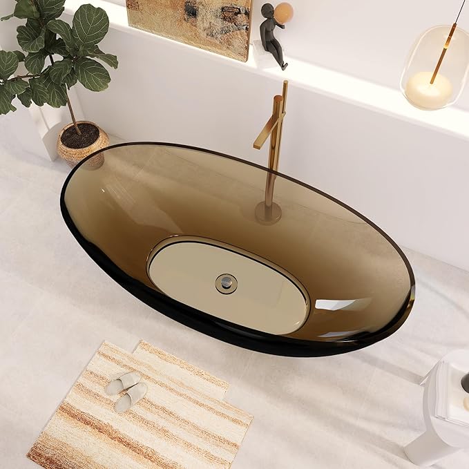 71" Premium Solid Surface Freestanding Bathtub, Upgraded Transparent Dark Brown Oval Resin Soaking Tubs with Pop-up Drain