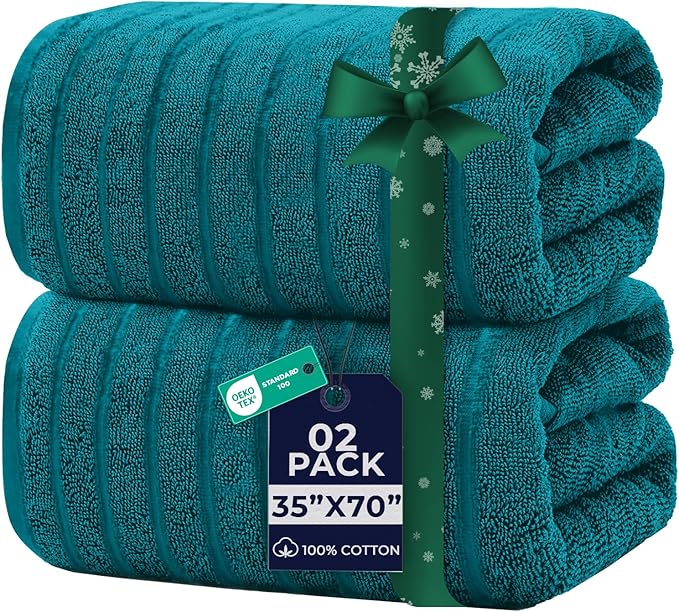 DAN RIVER Pack of 2 Bath Sheet 35x70 Inches, Premium Ribbed Oversized Towels for Adults, Super Soft and Quick Dry - Teal
