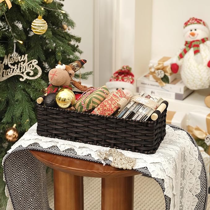 GRANNY SAYS Wicker Baskets for Shelves, Wicker Baskets for Storage, Waterproof Toilet Basket Tank Topper, Basket Organizer with Handle, Toilet Paper Basket for Back of Toilet, 14¼" x 6½" x 4¼", Brown