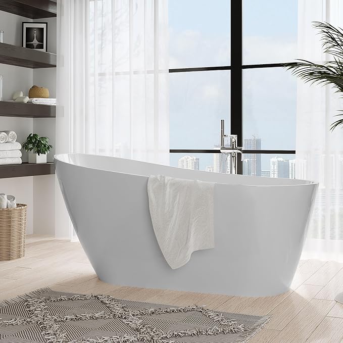 ‎59 Inch Acrylic Freestanding Bathtub, Bathtub with Matte Drain and Overflow, Modern Square Tub with Deep Ergonomic Design and Double-Walled Insulation, Double-Walled Insulation, cUPC Certified
