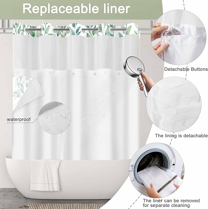 No Hook Shower Curtain and Liner Set, Light Green Eucalyptus Floral Shower Curtains for Bathroom, Bath Curtain Sets with Snap in Liner, Waterproof with See Through Top Window, 71x77 Inches