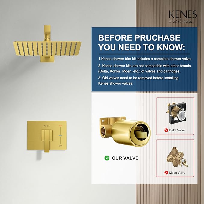 KENES Brushed Gold Shower Faucet, Modern Square 10-Inch Shower Head and Handle Set, Bathroom Rainfall Shower System Wall Mount, KE-6024B-4 (Including Shower Valve)