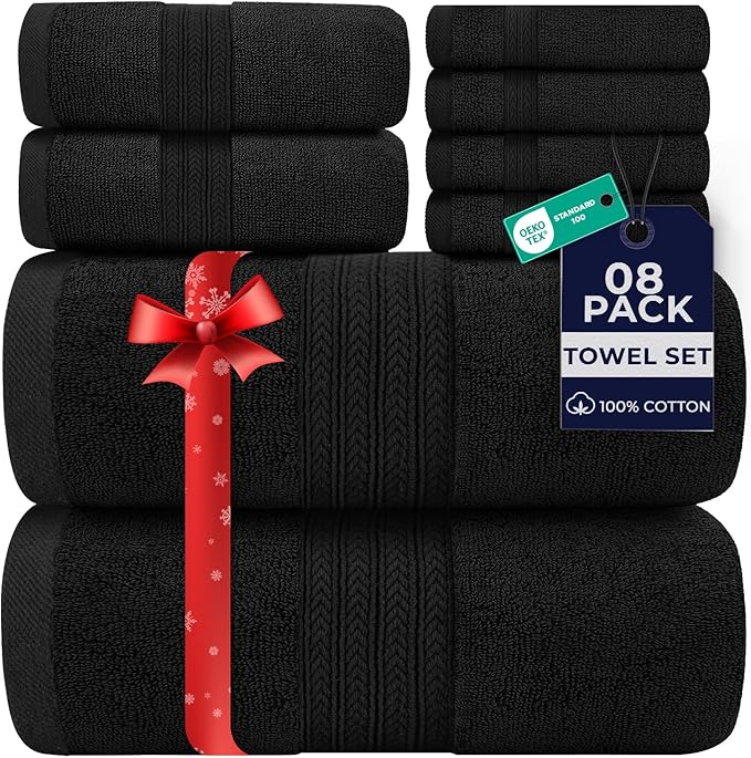 DAN RIVER 8 PC Luxury Bath Towels for Bathroom, 2 Bath, 2 Hand, and 4 Wash Cloths, 600 GSM 100% Ring Spun Cotton Towel Set, Highly Absorbent, Gym, Hotel, and Spa, Black