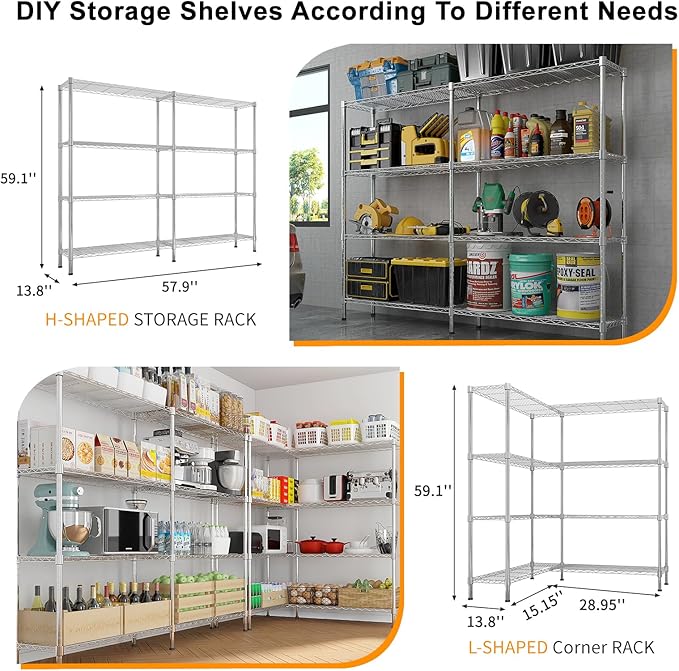 4 Tier Storage Racks Shelving, Heavy Steel Pantry Shelves, Adjustable Wire Shelving Rack, Suitable for Garage, Kitchens, Offices, 57.9" W x 13.8" D x 59" H, Chrome