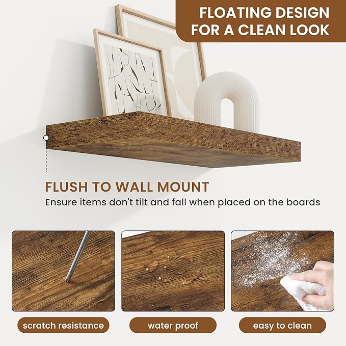 fuqing Floating Shelves for Wall, Wall Mounted Wood Floating Shelf with Invisible Brackets for Living Room, Bathroom, Bedroom, Kitchen Storage and Decor, 16 Inch Set of 2, Rustic Brown