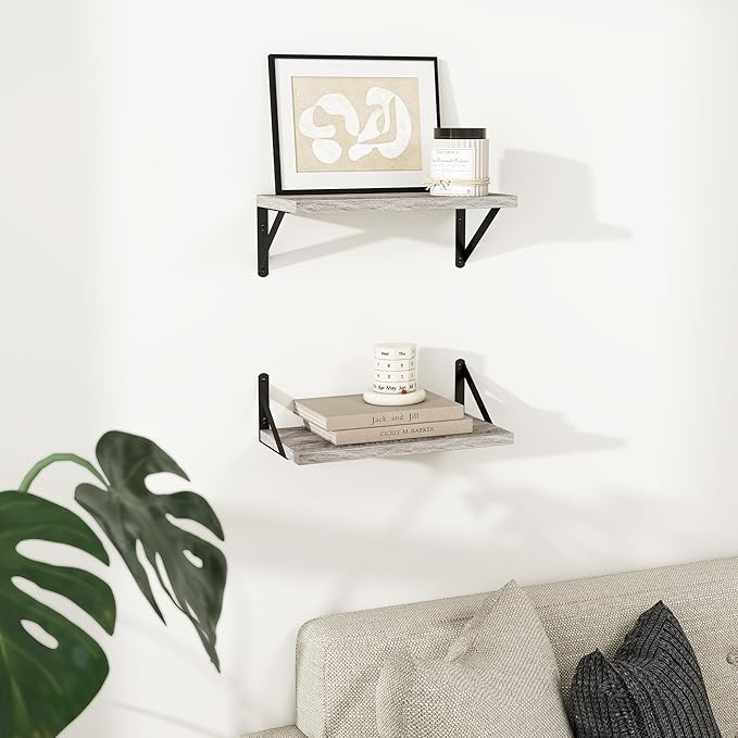 Dreamland Deep Floating Shelves for Wall, 16W x 8D Wall Mounted Wide Shelves Set of 2, Grey Floating Shelves Bedroom with Sturdy Metal Brackets for Living Room, Bathroom and Kitchen