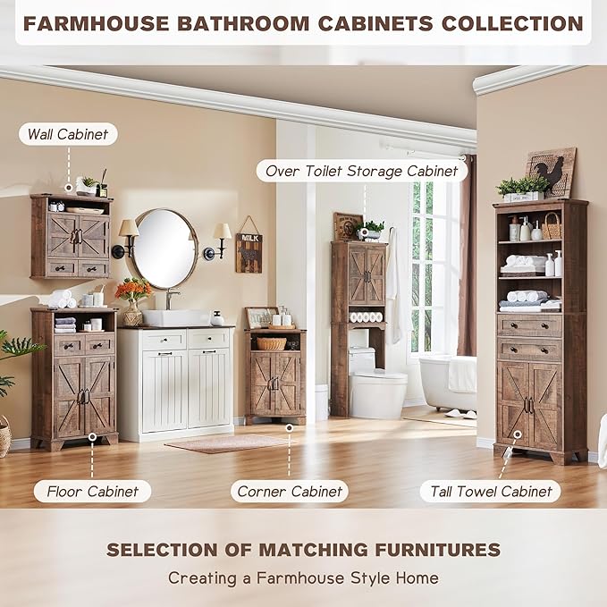 ACCOHOHO Bathroom Wall Cabinet, Farmhouse 24" Wide Medicine Cabinet with Drawer, Adjustable Shelf, Double Barn Doors, Storage Cabinets for Bathroom, Kitchen, Living Room, Rustic Brown