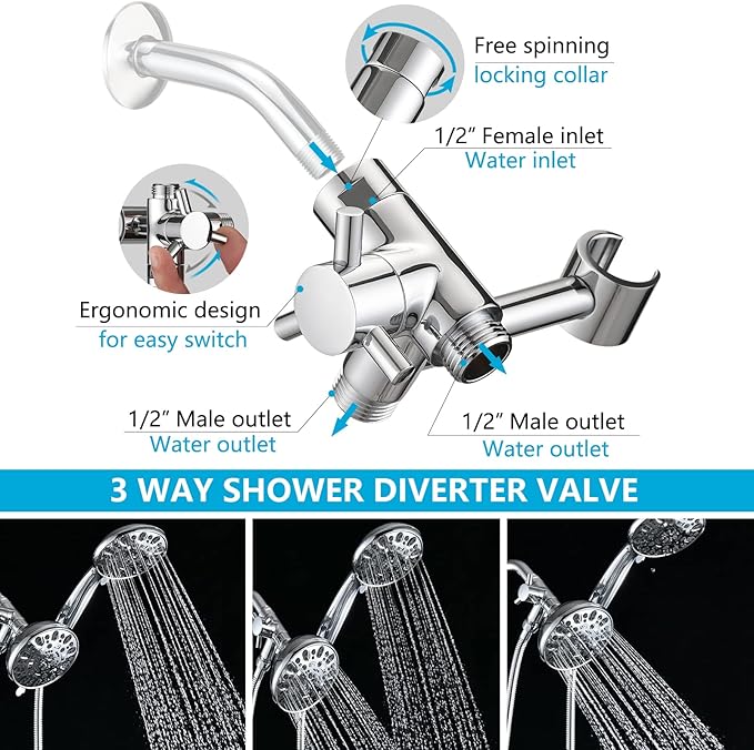 PDPBath Solid Brass Shower Arm 3 Way Shower Diverter Valve for Hand Held Showerhead and Fixed Spray Head, G1/2 Universal Connection - Chrome