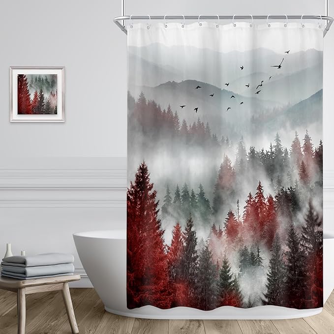 Riyidecor Red Black Mountain Shower Curtain 48Wx72H Inch,Stall Narrow Rv Small Nature Woods,Rustic Landscape Scenery Pine Tree Woodland Cool Bathroom Decor Fabric Polyester Waterproof 12 Pack Hooks