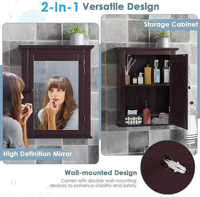 Safeplus Brown Medicine Cabinet with Mirror, Wall Mounted Adjustable Storage for Bathroom, Living Room, Bedroom, Entryway and Kitchen
