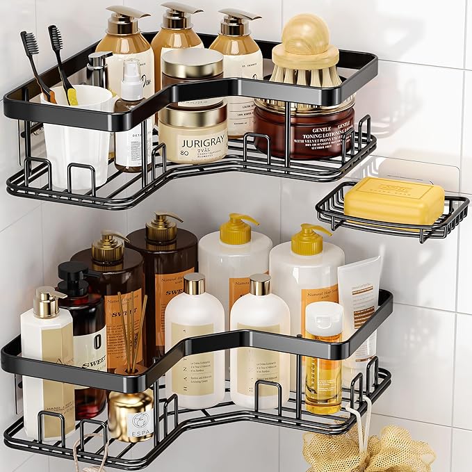 MAXIFFE 3 Pack X-Large Corner Shower Caddy with Soap Holder, Large Capacity Easy Install No Drilling Stainless Steel Sturdy Hold 40 LB Shower Organizer Shelves Rack for Family Renters Bathroom, Black