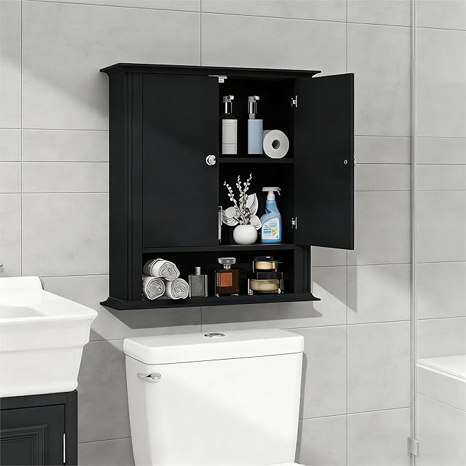 Bathroom Cabinet Wall Mounted| Over The Toilet Storage Cabinet with 2 Doors & Adjustable Shelf, Hanging Wall Cabinet, Upper Cabinet Storage Cupboard for Bathroom,Kitchen,Laundry Room, Black