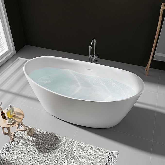 SJ STAR&JANE 61" Solid Surface Freestanding Bathtub Stone Resin Tub Oval Double Slippers Stand Alone Soaking Tub with Pop-up Drain and Overflow, Matte White